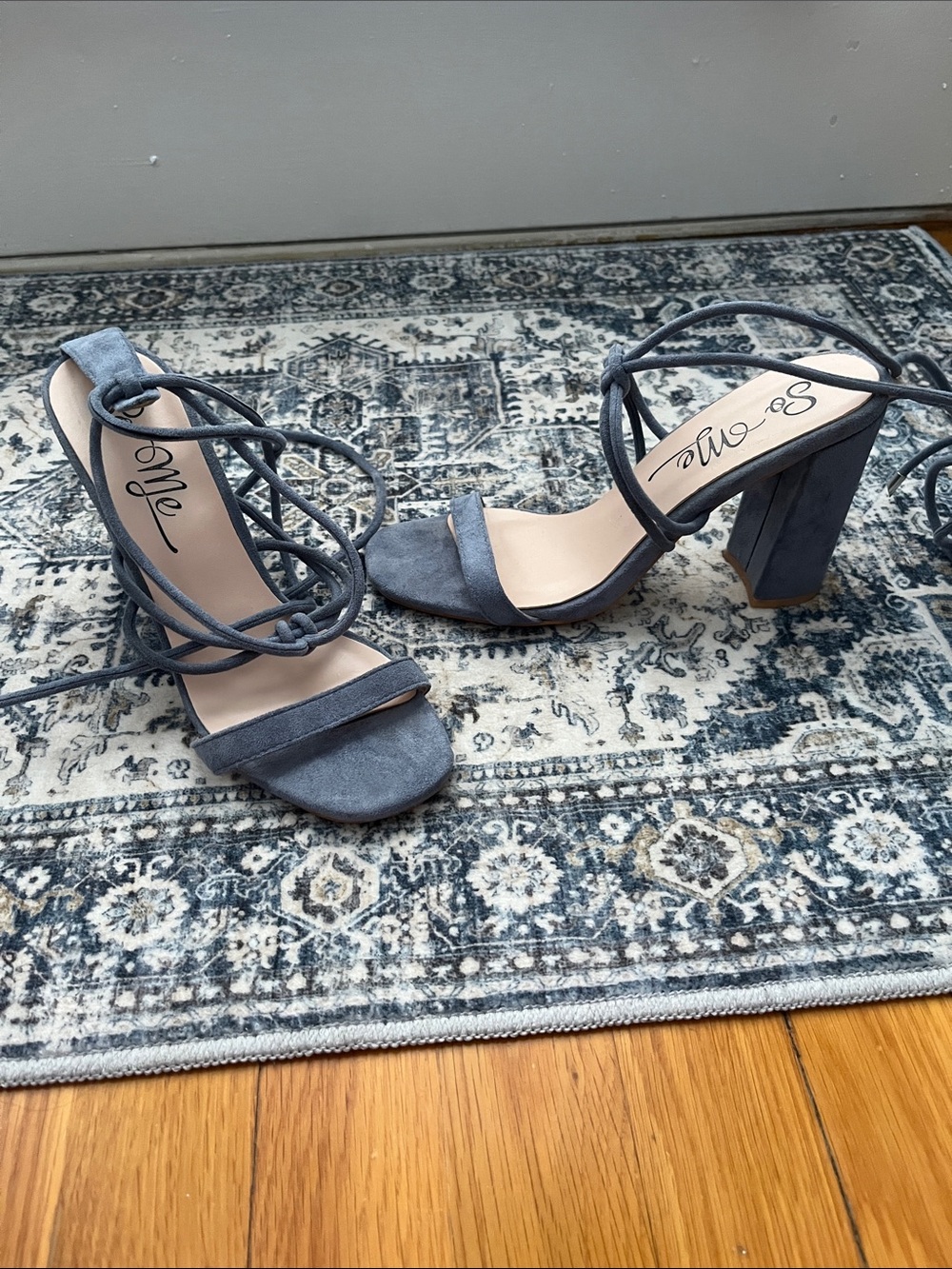 Women’s Blue Suede Block Heel Strap-Up